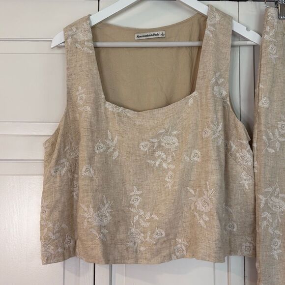 Abercrombie tan embroidered linen tank pant set medium/ large - Picture 3 of 15